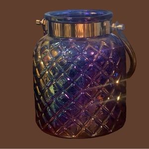 Blue Opalescent Patterned Glass Lantern/Vase W Silver Metal Band & Handle 6.5”